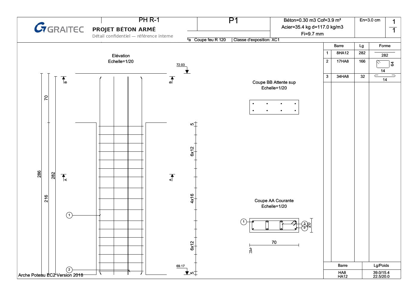 Plan de ferraillage poteau béton armé — note de calcul anonymisée